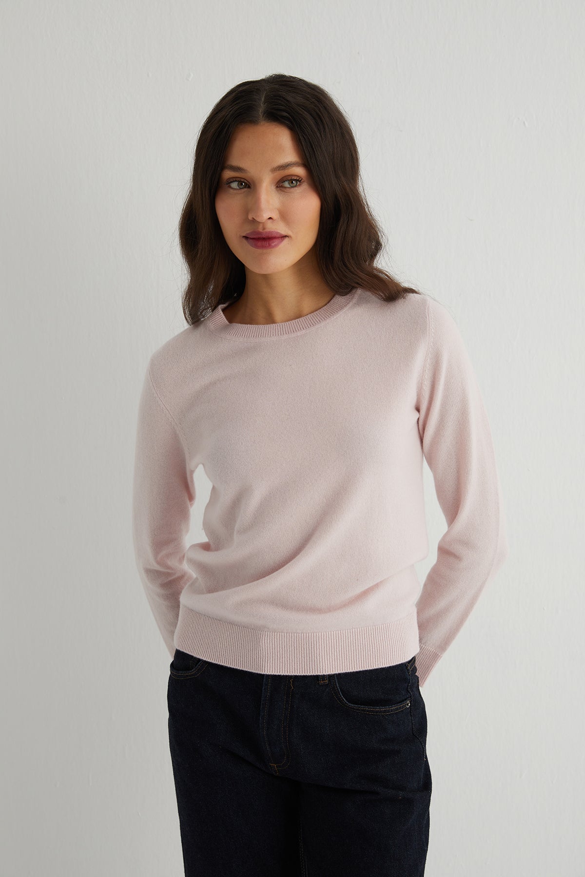 Açık Pembe Agata Saf Kaşmir Yuvarlak Yaka Kazak